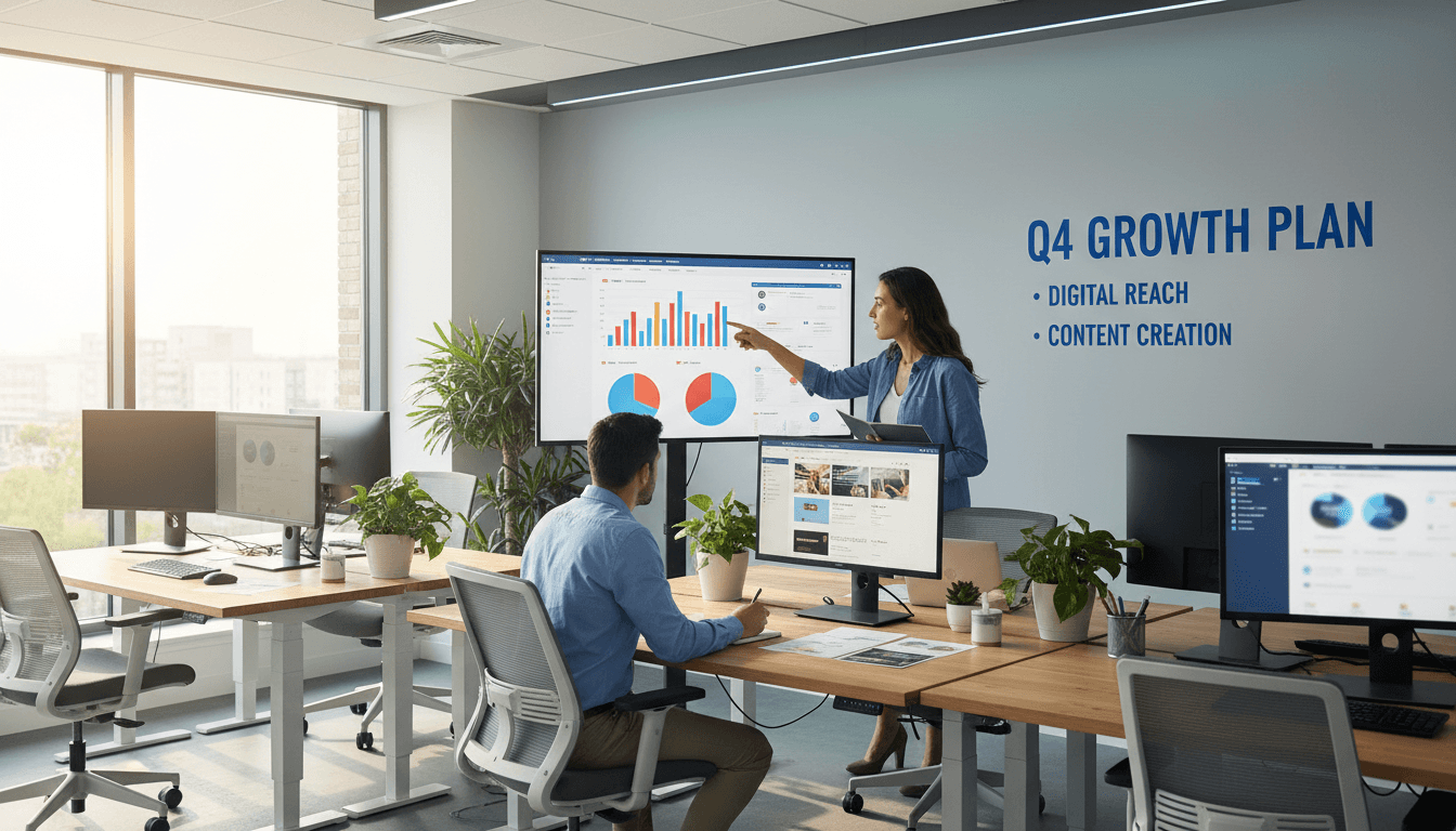 Digital marketing team collaborating in modern office reviewing analytics dashboards and website design strategies Digital marketing team collaborating in modern office reviewing analytics dashboards and website design strategies